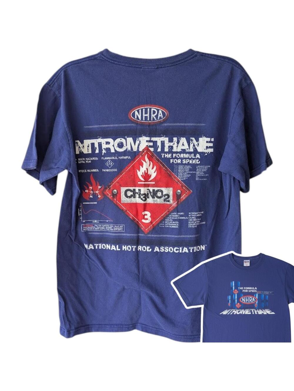 Vtg NHRA Nitromethane Hot Rod Tee M Blue Anvil Red Bar Tag Racing Dragster Y2K